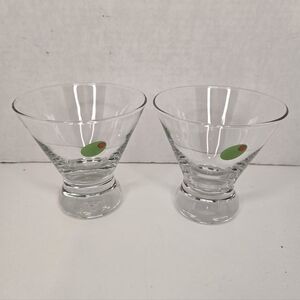 Heavy Stemless Martini Cocktail Glasses Green Olive Red Pimento Graphic, Pair